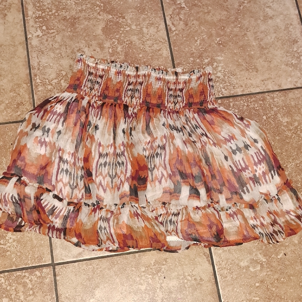 ANTHROPOLOGIE, Orange and Brown Smocked Bubble Mini Skirt